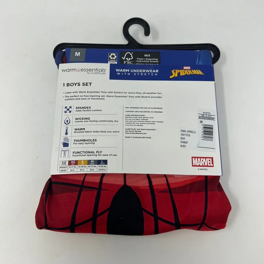 Warm Essentials Cuddl Duds Thermal Set Boys M 8/10 Blue Spider-Man Stretch Base